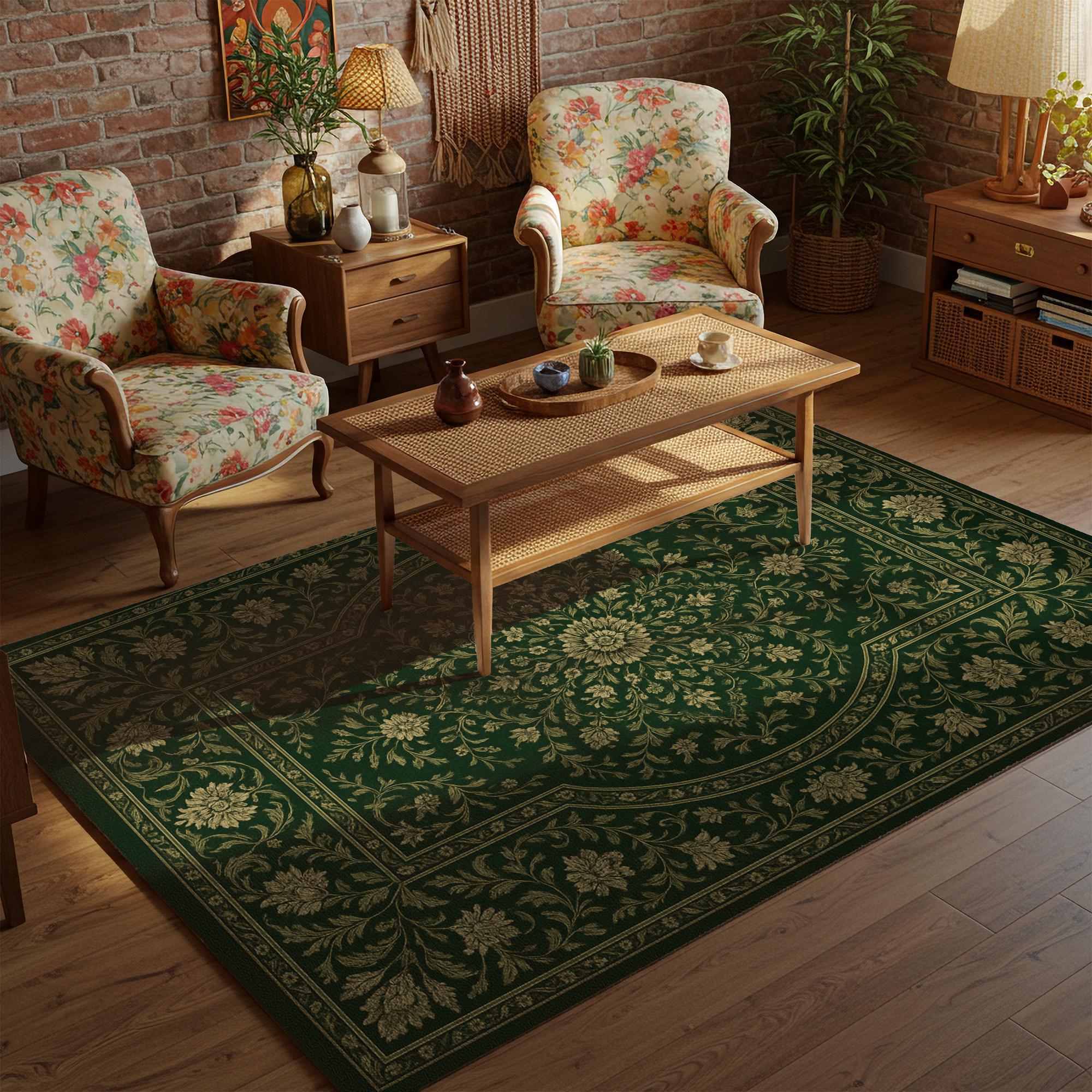Emerald Green Oriental Rug | Vintage Floral Medallion, Persian