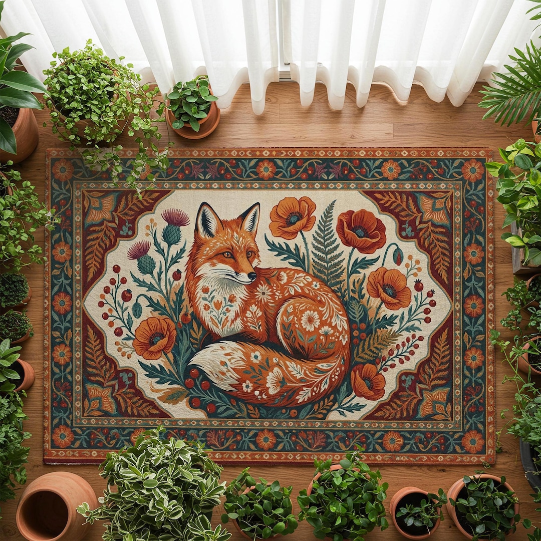 Woodland Fox Area Rug: Vintage Floral Folk Art, Cottagecore Decor - Etsy