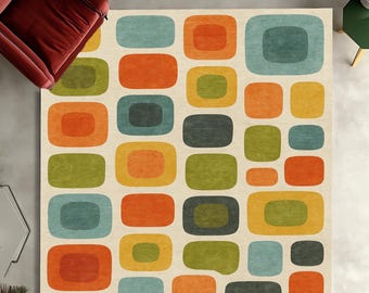 Mid Century Modern Area Rug: Geometric Colorful Washable Carpet