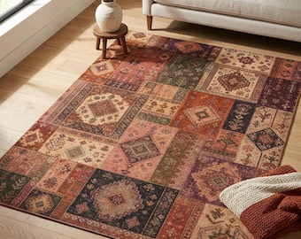 Patchwork Bereich Teppich, Boho Bauernhaus Teppich, Teppich im Südwesten Stil, Rustikales Geometrisches Dekor, Gemütlicher Wohnzimmer Teppich