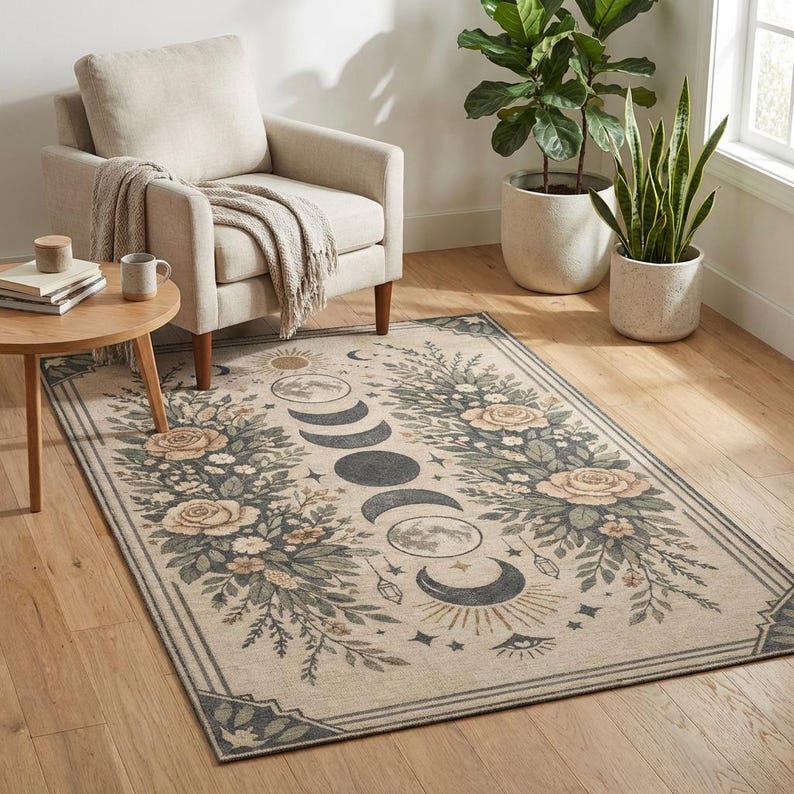 Moon Face Rug Celestial Moon Phase Area Rug | Botanical Witchy Boho Spiritual Floral ...