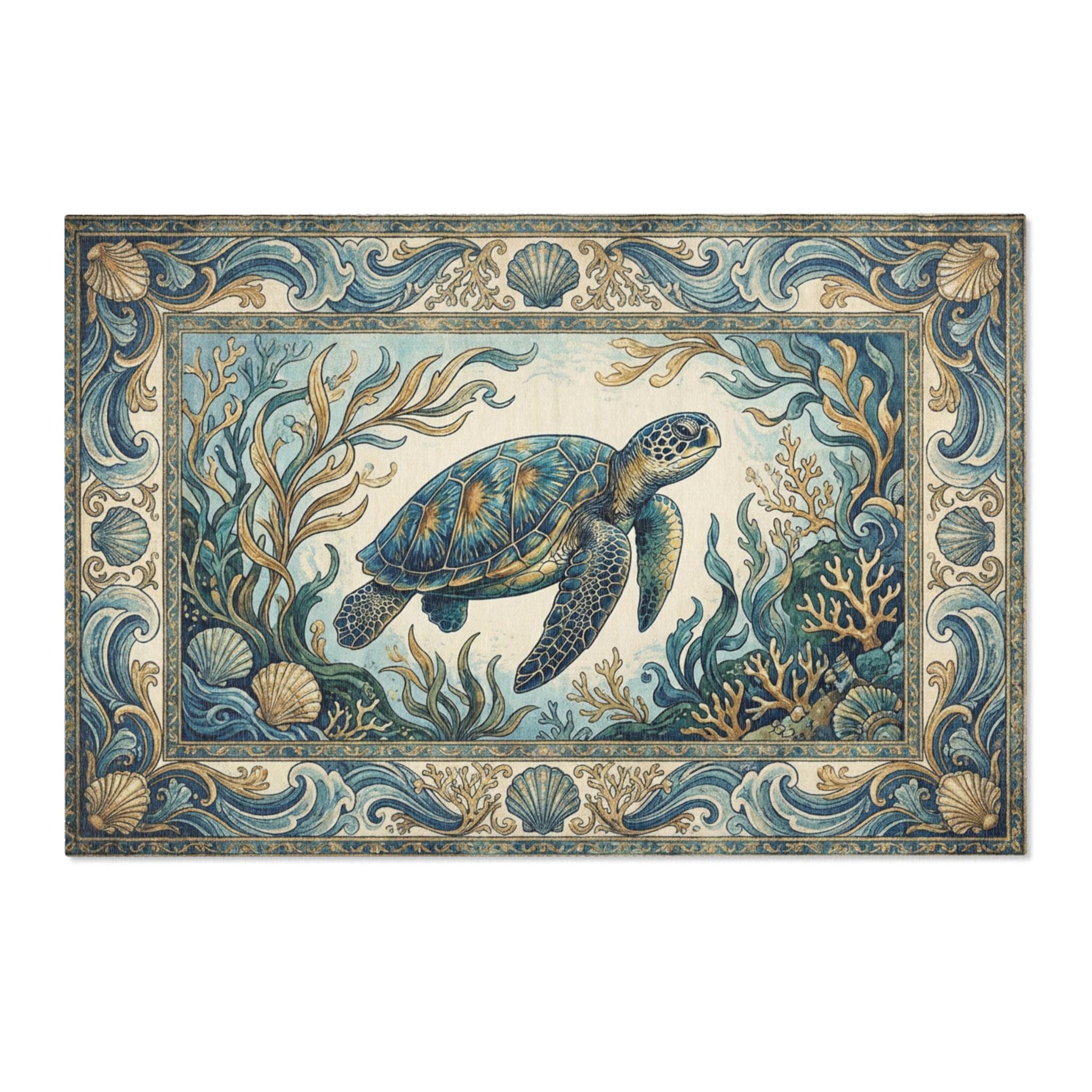 Sea Turtle Area Rug With Ornate Ocean Frame Coastal Nautical Nature ...