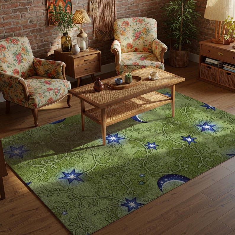 Whimsigoth Celestial Rug: Moon, Stars, Green Vines - Washable - Etsy