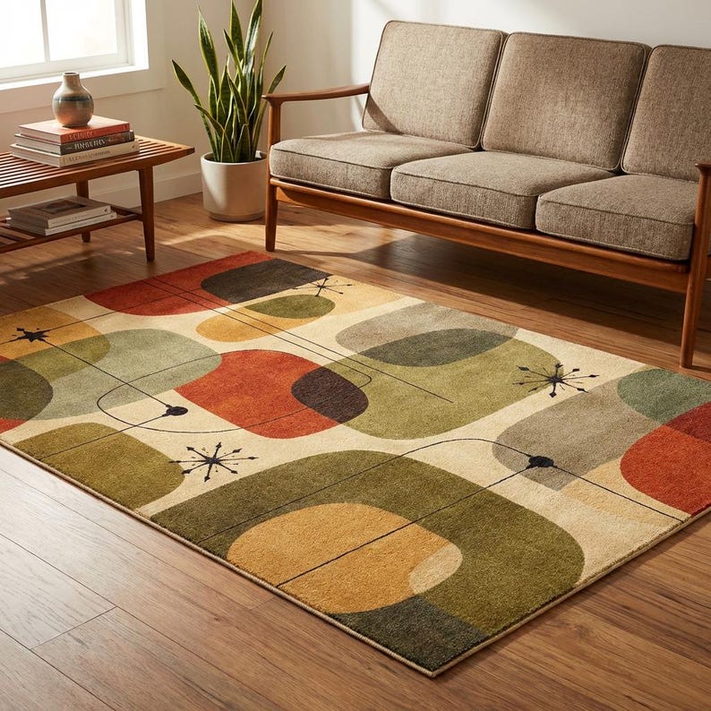 May include: A rectangular area rug with a mid-century modern design. The rug features a cream background with large, colorful, abstract shapes in shades of orange, green, brown, and gray. Black lines and starburst details add to the design.