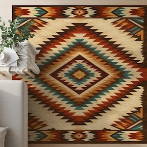 May include: A rectangular area rug with a Southwestern geometric design. The rug features a central diamond pattern in shades of brown, teal, and orange against a cream background. The border is a darker brown with repeating geometric shapes.