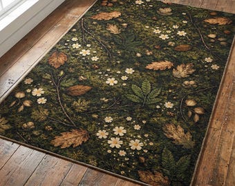 Forest Floor Area Rug | Moss Botanical Woodland Rug with Leaves Flowers Nature Inspired Decor