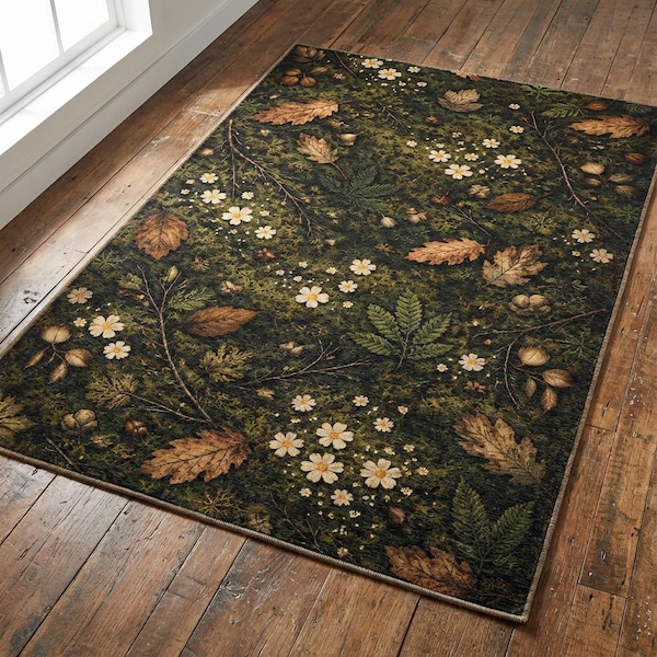 Forest Floor Area Rug | Moss Botanical Woodland Rug with Leaves Flowers Nature Inspired Decor