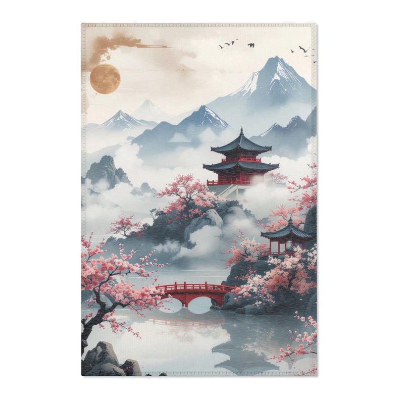 Japanese Zen Rug | Sakura Blossom, Mountain Landscape image 2
