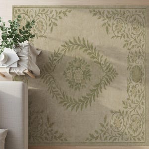 Olive Green Floral Area Rug: Washable Low Pile Botanical Carpet