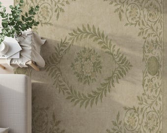 Olive Green Floral Area Rug: Washable Low Pile Botanical Carpet