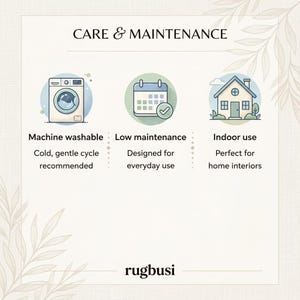 May include: An informational graphic with the text "CARE & MAINTENANCE." It features illustrations of a washing machine, calendar, and house, with text indicating the product is machine washable, low maintenance, and for indoor use. The brand name "rugbusi" is at the bottom.
