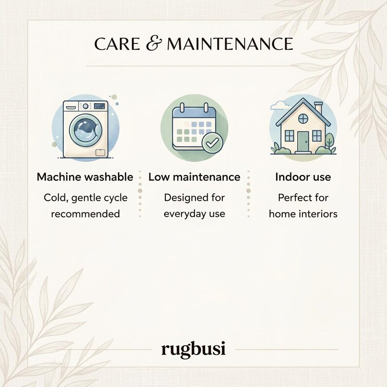 May include: An informational graphic with the text "CARE & MAINTENANCE." It features illustrations of a washing machine, calendar, and house, with text indicating the product is machine washable, low maintenance, and for indoor use. The brand name "rugbusi" is at the bottom.