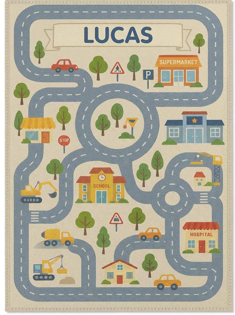 Alfombra de carretera con nombre personalizado: tapete de juego infantil con calles y coches, mapa de la ciudad lavable imagen 3