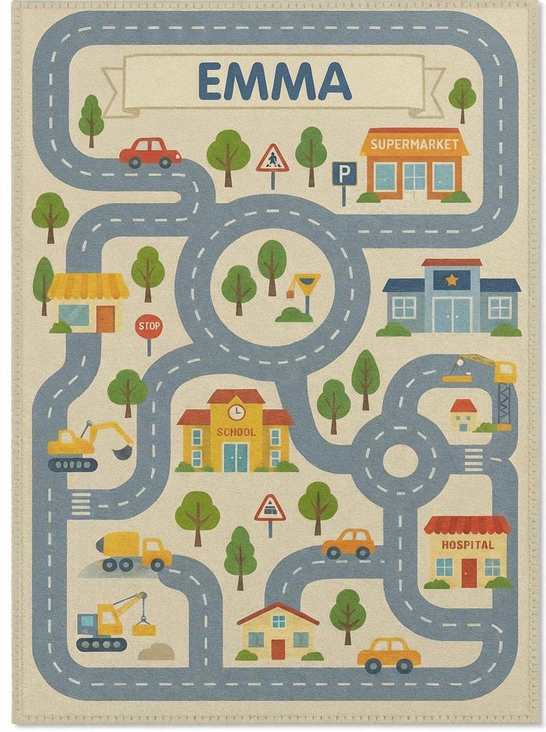 Alfombra de carretera con nombre personalizado: tapete de juego infantil con calles y coches, mapa de la ciudad lavable imagen 4