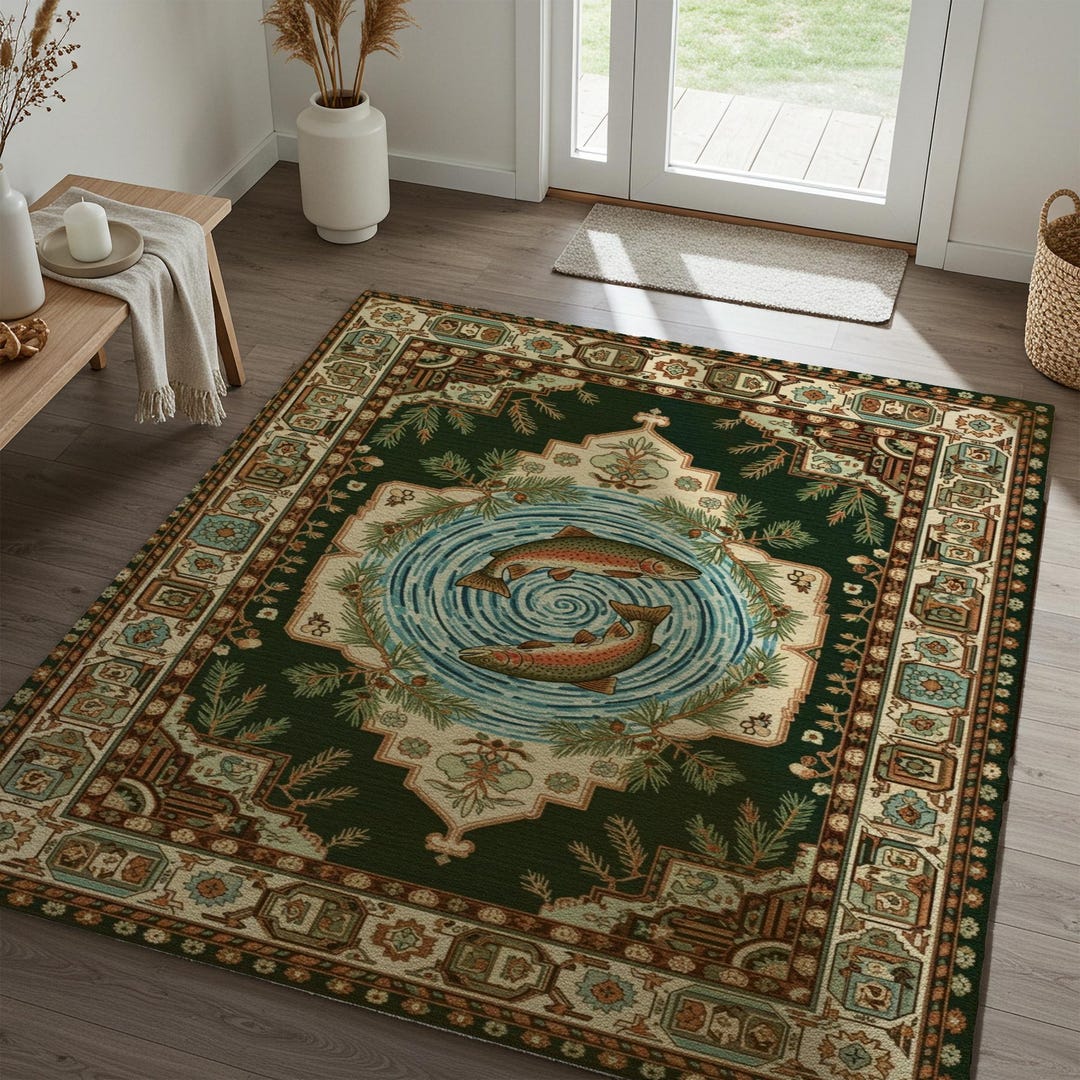 Trout Fish Area Rug: Rustic Cabin Lodge Carpet With River and Pine Tree ...