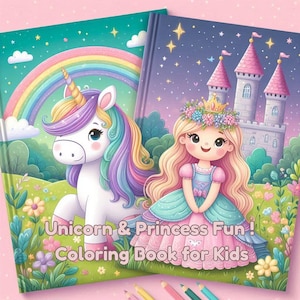 Unicorn and Princess Coloring Books for Kids - 15 Printable Pagess - Cute Fairy Tale Theme