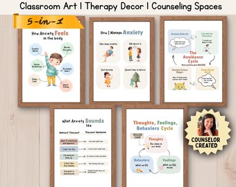 Kids Anxiety Poster Bundle, CBT Visuals for Children, Coping Skills, Thoughts Feelings Behaviors, Classroom Calm Corner Decor