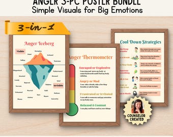 Anger Management Posters for Kids Bundle | Anger Iceberg, Thermometer & Calm Down Strategies | Social Emotional Learning SEL
