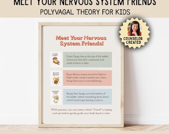 Nervous System Poster for Kids | Calm Casey Buzzy Benny Sleepy Sam | Regulation Chart | Feelings & Coping Skills Printable