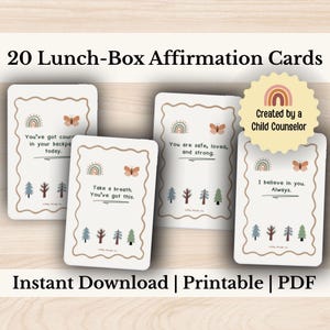 May include: A set of 20 lunch-box affirmation cards. Each card features a unique design with a rainbow, butterfly, and tree illustrations. The cards have positive affirmations such as "You've got courage" and "I believe in you."