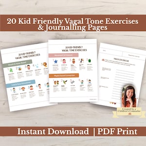 Può includere: Download digitale di tre pagine con il testo "20 Kid Friendly Vagal Tone Exercises & Journalling Pages." Le pagine includono esercizi per la respirazione, la voce, il movimento e la connessione sociale giocosa. Disponibile come stampa PDF.