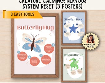 Nervous System Reset for Kids | Dragon Breathing, Butterfly Hug & Starfish Hand | Calming Creature Posters | Anxiety, Regulation Tools