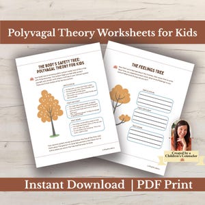 Op de afbeelding: Twee werkbladen getiteld "Polyvagal Theory Worksheets for Kids" met tekst en illustraties. Eén werkblad heet "The Body's Safety Tree" en de andere "The Feelings Tree". De werkbladen zijn ontworpen voor kinderen en zijn direct te downloaden als PDF.