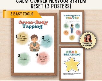 Preteen Anxiety Relief Posters | Nervous System Reset Kit | Cross Body Tapping Color Grounding Star Breathing | Calm Corner Tools