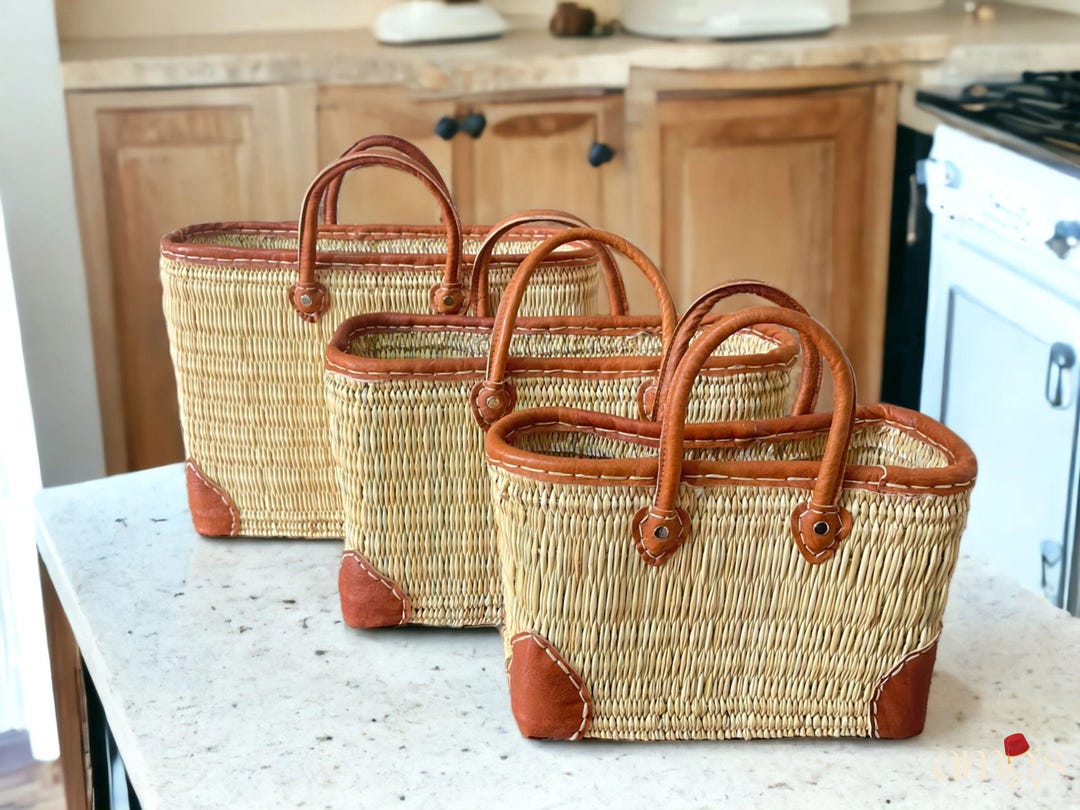 Handmade Moroccan Market Basket With Leather Handles, French Straw Tote ...