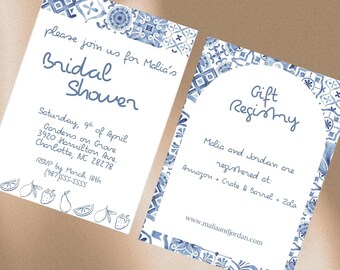 Puede incluir: Dos tarjetas blancas con diseños de acuarela azul. Una tarjeta dice "Bridal Shower" con detalles del evento. La otra tarjeta dice "Gift Registry" con información del registro. Ambas tarjetas tienen un borde decorativo.