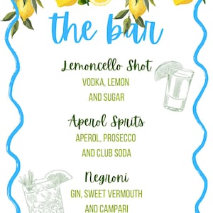 May include: A white sign with blue and green lettering that reads "the bar" and lists three cocktails: Lemoncello Shot, Aperol Sprits, and Negroni. Each cocktail is described with its ingredients. The sign is decorated with a lemon branch and lemons.