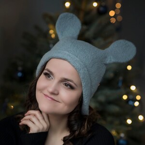 Felted hat with ears, gray wool hat, original hat, warm hat,Ready to send