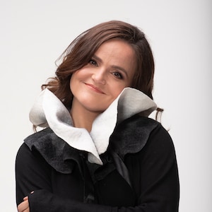 Felted scarf from white and black merino wool, original woman accessory for winter or autumn, perfect Christmas gift