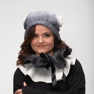 Felt hat and scarf, winter set for woman, original felted set, warm hat and scarf, white and black colors mix, Original Christmas gift image 1