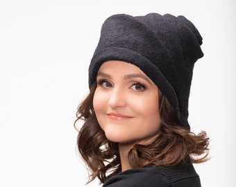 Handmade Black Felt Hat - Elegant Merino Wool Accessory for Timeless Style
