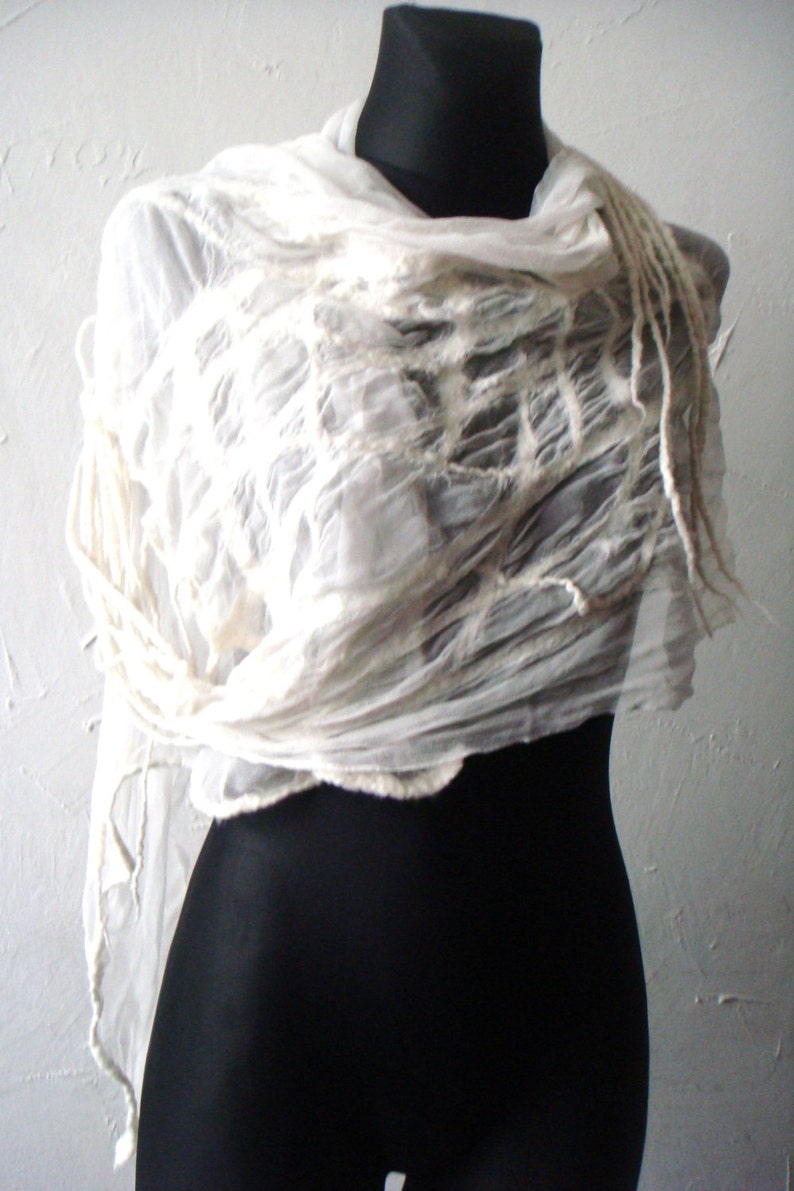 Bridal shawl, wedding shawl, silk shawl, Wedding scarf, white silk shawl, felt scarf, felted scarf,beach wedding scarf, white chiffon scarf image 3