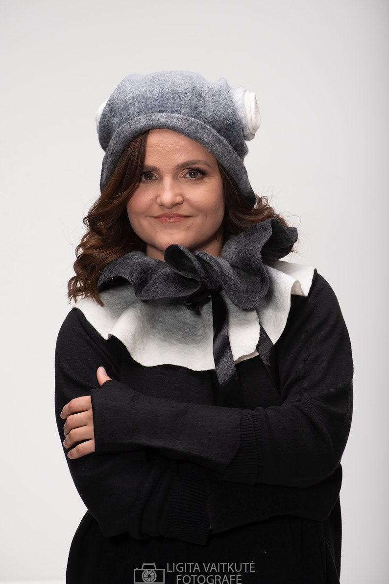 Felt hat and scarf, winter set for woman, original felted set, warm hat and scarf, white and black colors mix, Original Christmas gift image 1