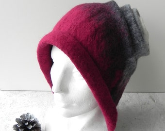 Burgundy gray hat for woman, original, warm hat, Ready to send