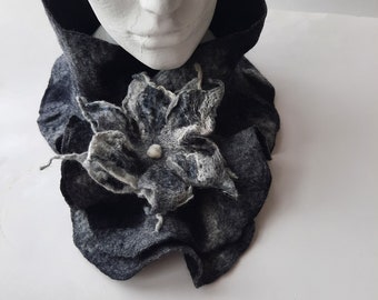 Black white felted scarf original accessory for woman, ready to send