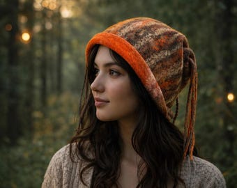 Gorro de lana de fieltro hecho a mano: gorro de invierno con borlas estilo bohemio.
