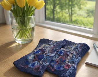 Handmade Felted Merino Wool Arm Warmers: Floral Fingerless Gloves