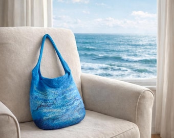 Handmade Felted Wool Shoulder Bag – Ocean Blue Coastal Tote