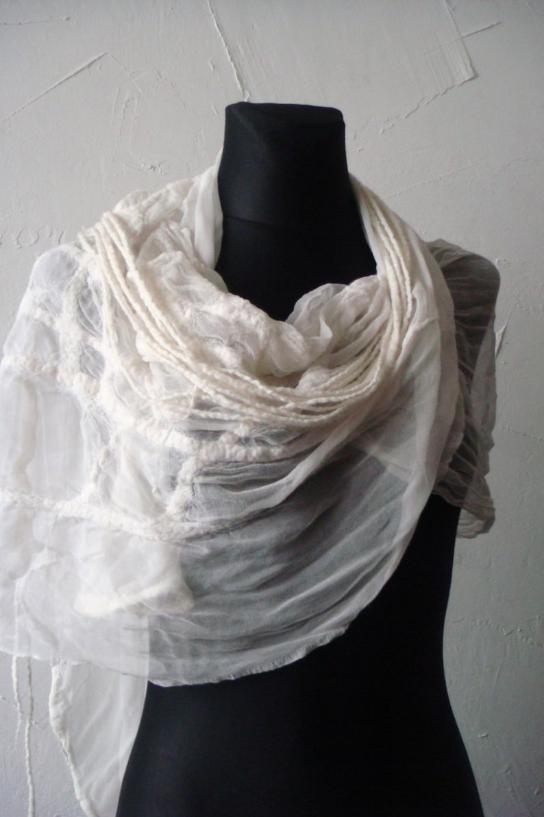 Bridal shawl, wedding shawl, silk shawl, Wedding scarf, white silk shawl, felt scarf, felted scarf,beach wedding scarf, white chiffon scarf image 5