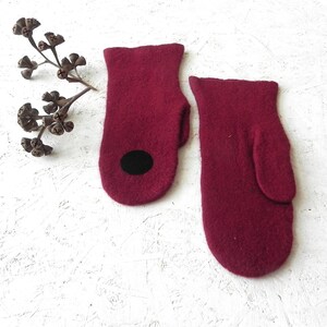 Felted mittens, wool mittens, burgundy mittens, minimalist mittens, merino wool, original, warm wool gloves, woman accessory, winter mittens image 2