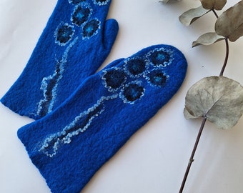 Blaue Handschuhe, gefilzte Handschuhe, Wollhandschuhe, minimalistische Handschuhe, Merinowolle, originelle, warme Wollhandschuhe, Frau Accessoire, Winterhandschuhe