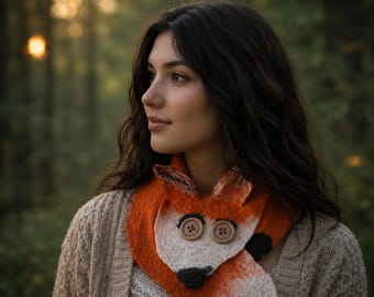 Bufanda de fieltro hecha a mano con diseño de zorro: una bufanda de lana única inspirada en animales.