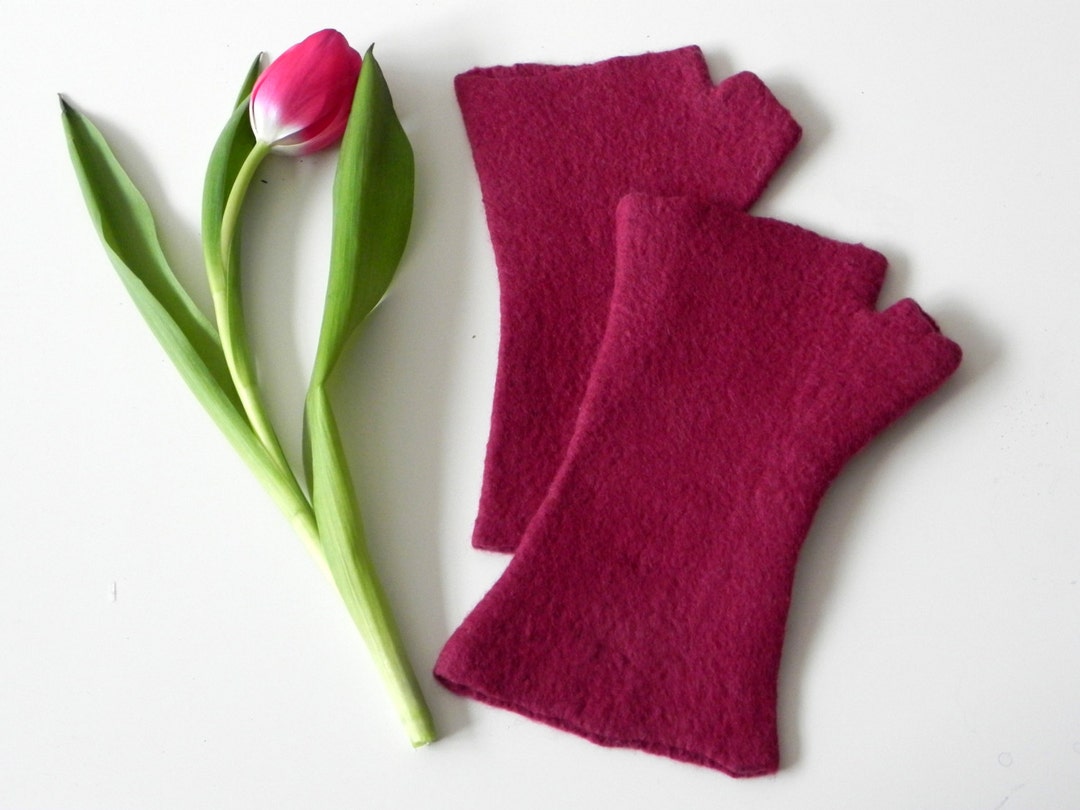 Felted Wool Gloves Wrist Warmer Dark Red Color Spring Fashion Original