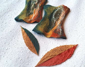 Calentadores de muñeca de fieltro, calentadores de brazos de lana merino, guantes sin dedos Bosque de Otoño, calentadores de manos de fieltro Nuno, manoplas de invierno estilo boho, regalo para ella