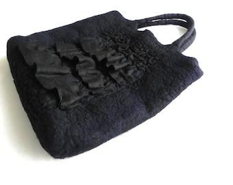 Felt black handbag from Wool and Linen cozy original and comfortable Women Accessory Ready for shipping, Great gift idea