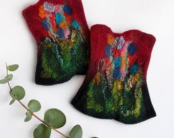 Calentadores de muñeca de fieltro con coloridos diseños florales, guantes de lana sin dedos, calentadores de brazos de fieltro Nuno, manoplas únicas estilo boho para usar con el móvil, regalo para ella.